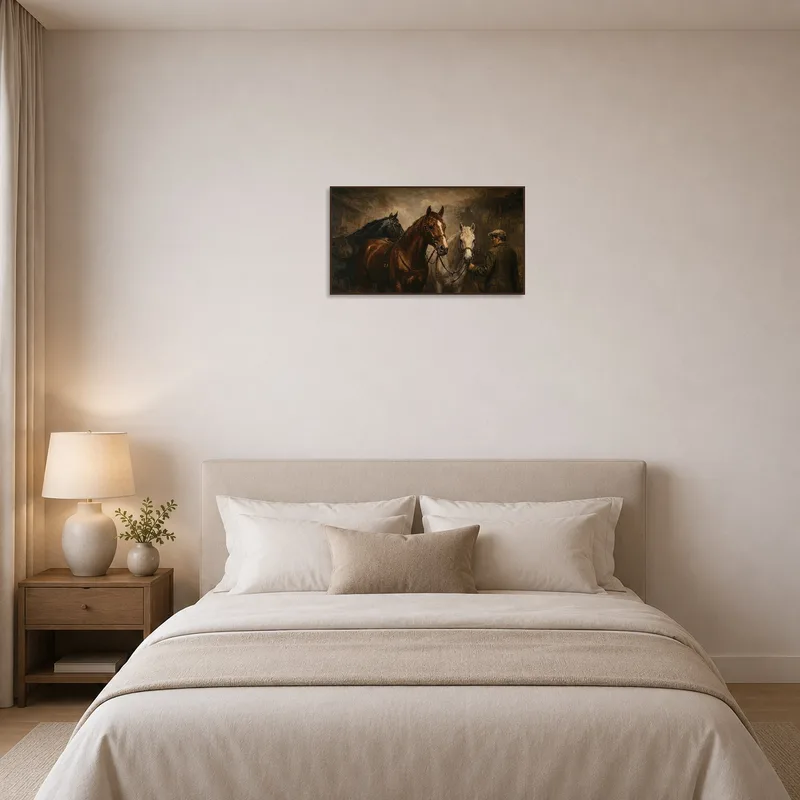 Elegant horse artwork adding charm to a serene bedroom.