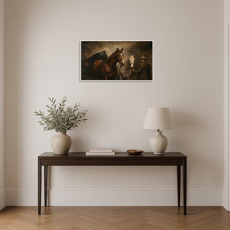 An equestrian portrait with handler greets visitors in the entrance hall.