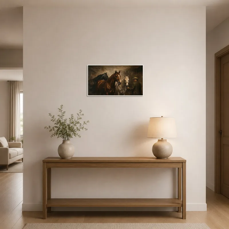 Horse and handler scene welcoming guests in an entrance hall.