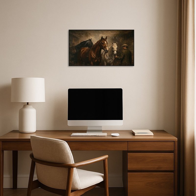 Portrait of horses and handler adds character to a home office space.