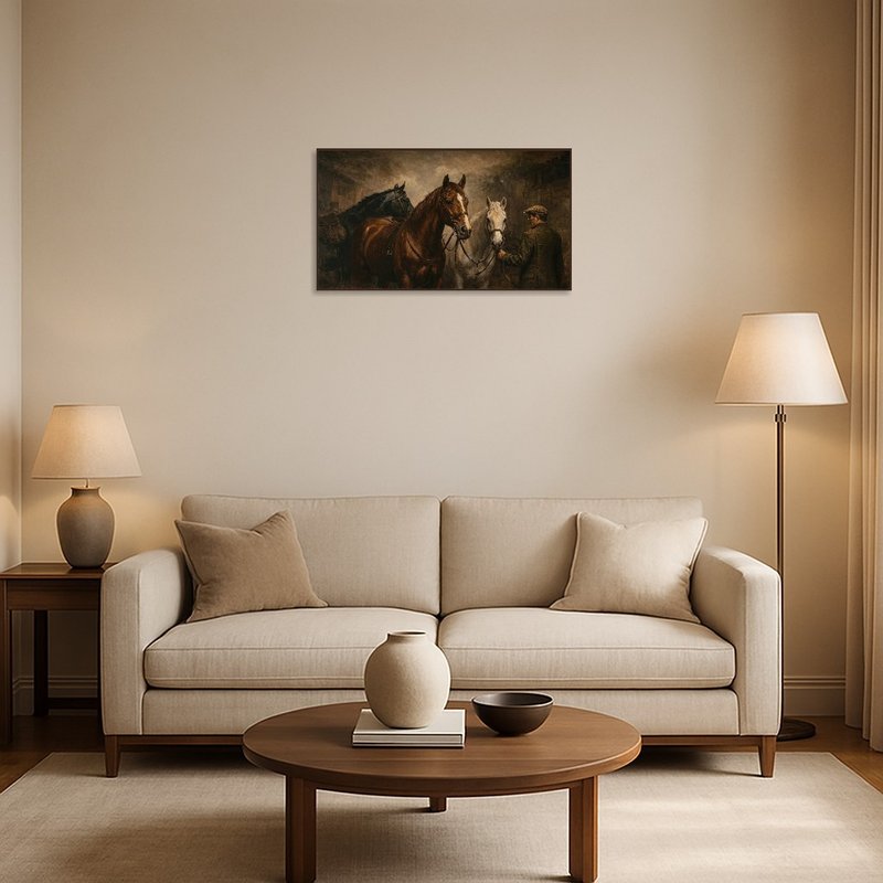 Equestrian portrait with three horses and handler in a cozy living room setting.