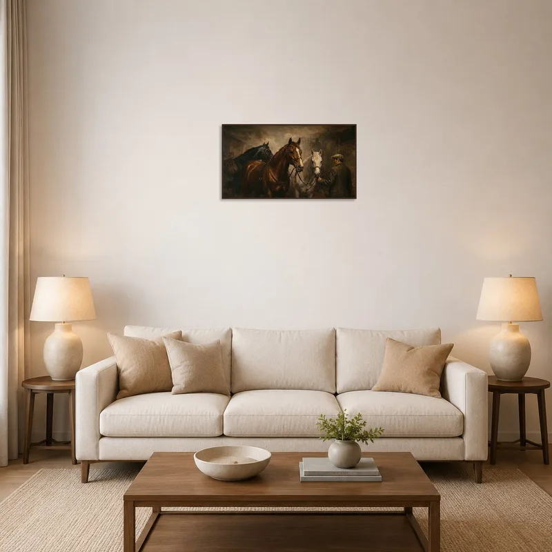 Majestic horses with handler displayed in a cozy living room setting.