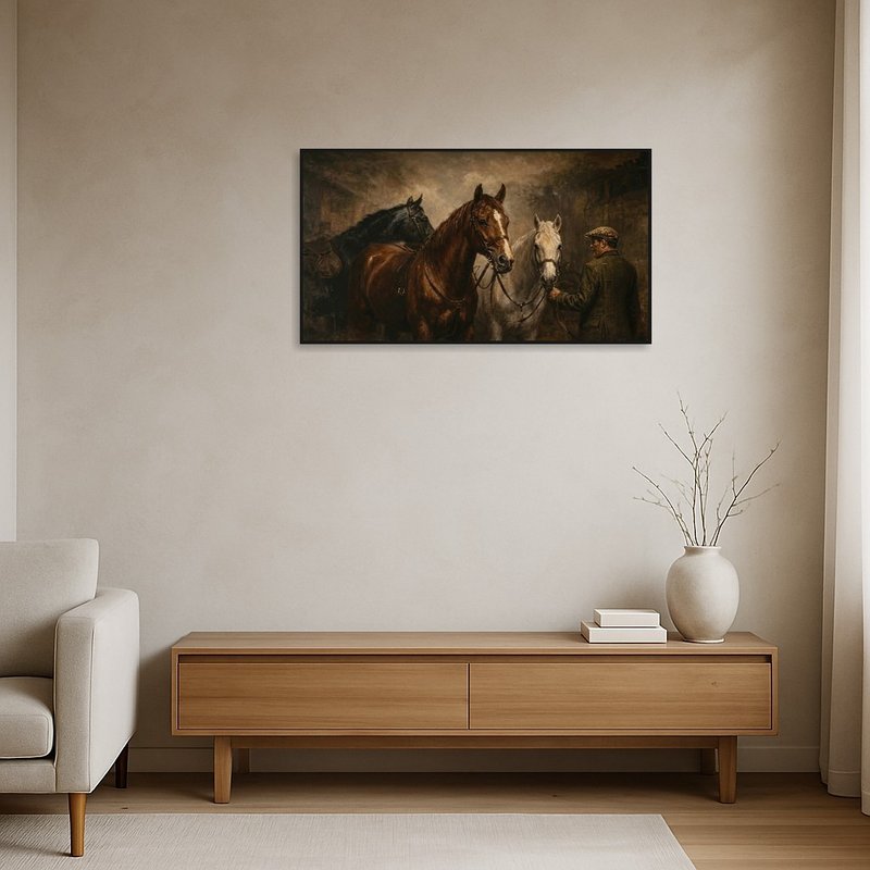 Three horses in a minimalist room with open, airy space and simple furnishings.