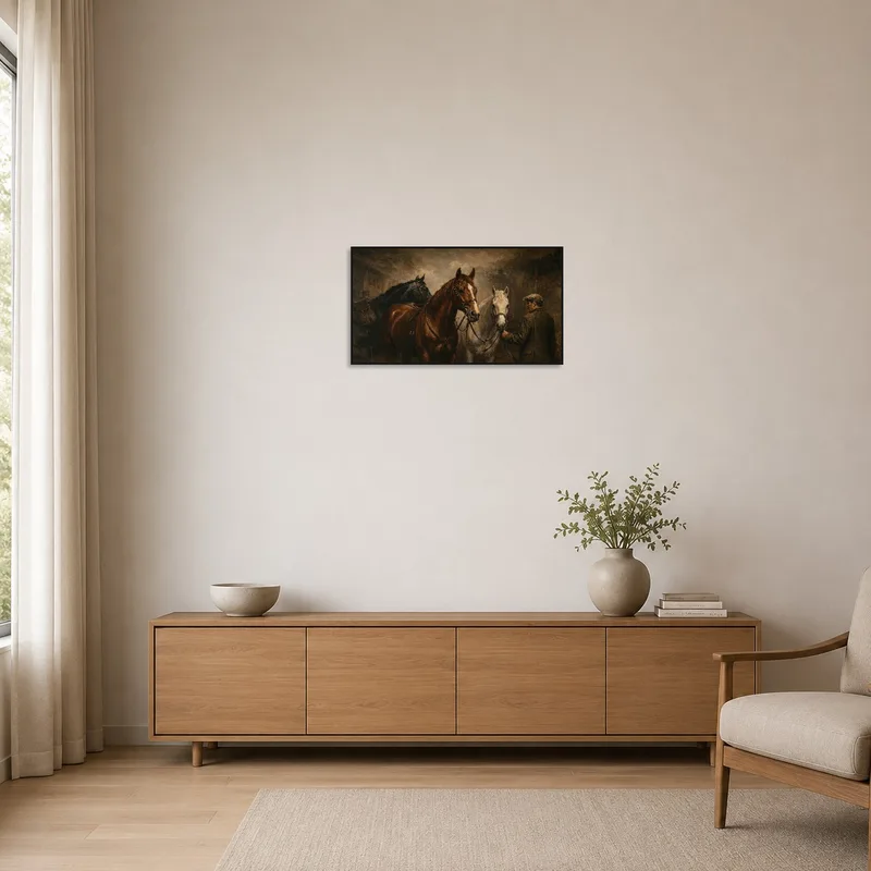 Artwork of horses and handler in a sleek, minimalist room.