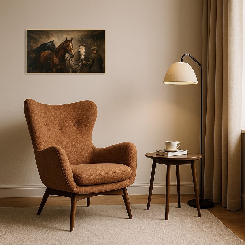 A portrait with three horses adds charm to a tranquil reading corner.