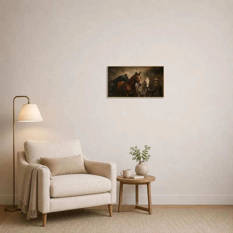 Graceful horses with handler enhancing a tranquil reading corner.
