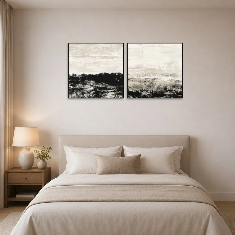 Monochrome landscape set provides tranquility in the bedroom.