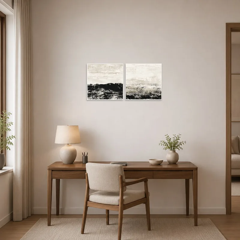 Artistic landscape set enhances the focus in a home office.