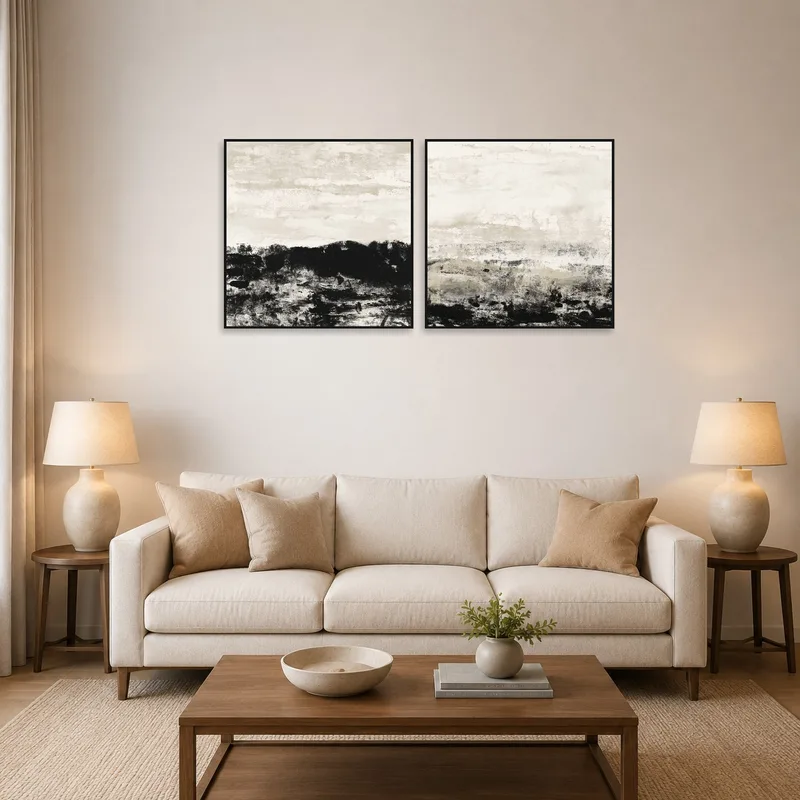 Abstract landscape set above a modern sofa in a cozy living-room.