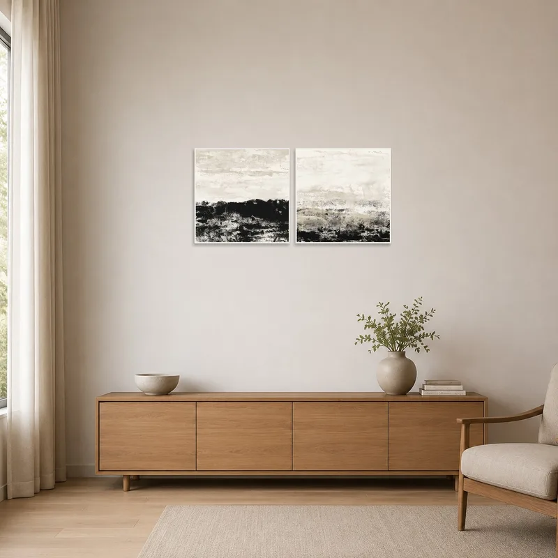 Monochrome landscape art complementing minimalist elements.