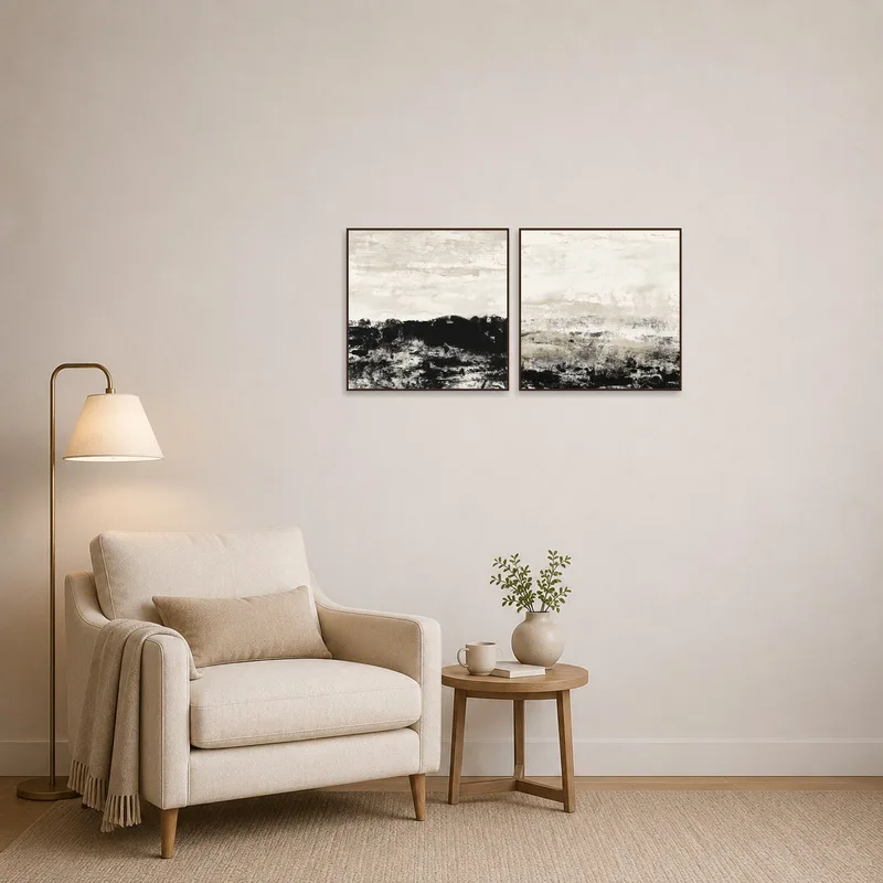 Abstract landscapes create a serene vibe in the reading corner.