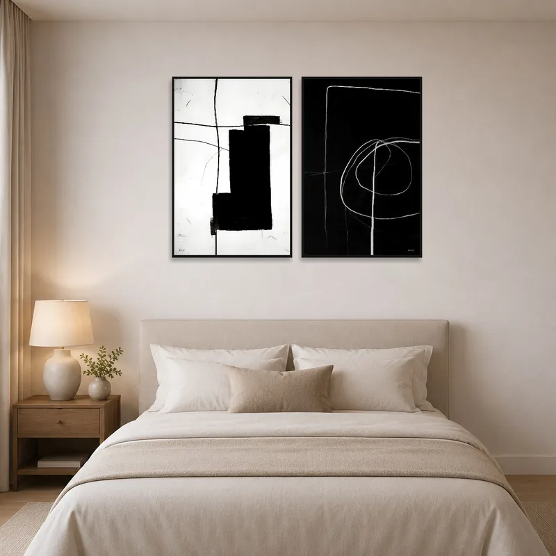 Set of abstract forms creating a calming vibe in a bedroom.