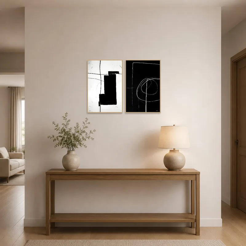 Abstract lines artwork set enhancing an entrance hall's visual appeal.