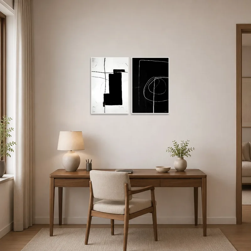 Abstract art set inspiring creativity in a home office setting.