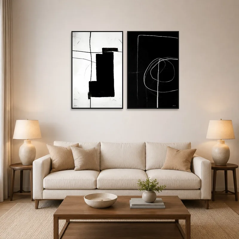 Monochrome abstract art set on a living room wall above a modern sofa.