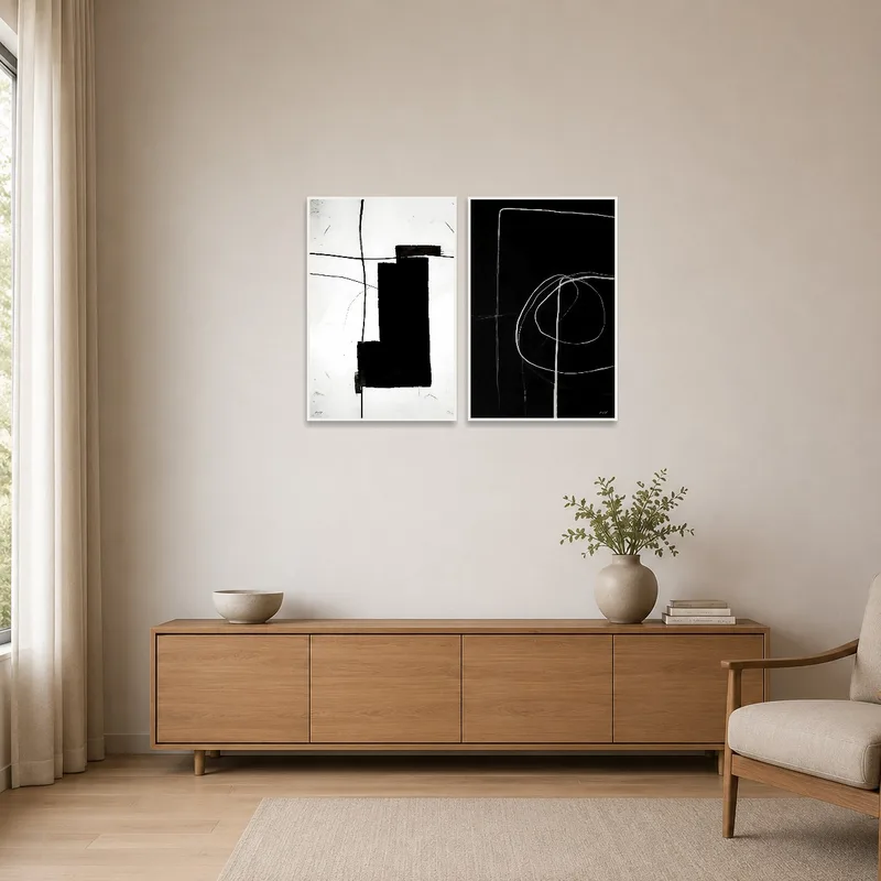 Abstract line art set in a minimalist room with sparse furnishings.
