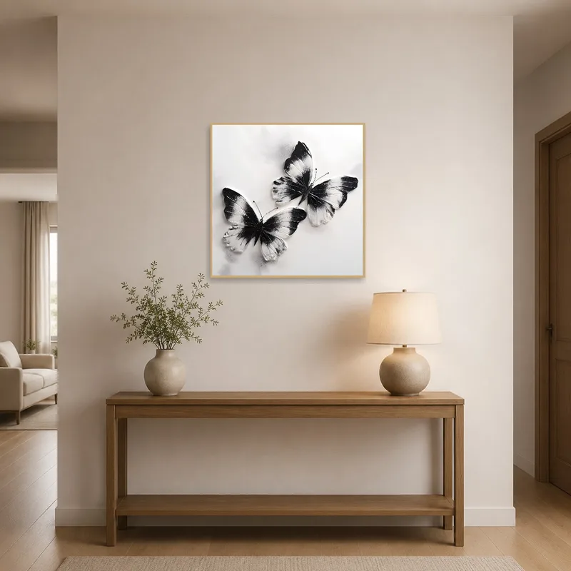 Butterfly art piece elegantly welcomes guests in a bright entrance hall.