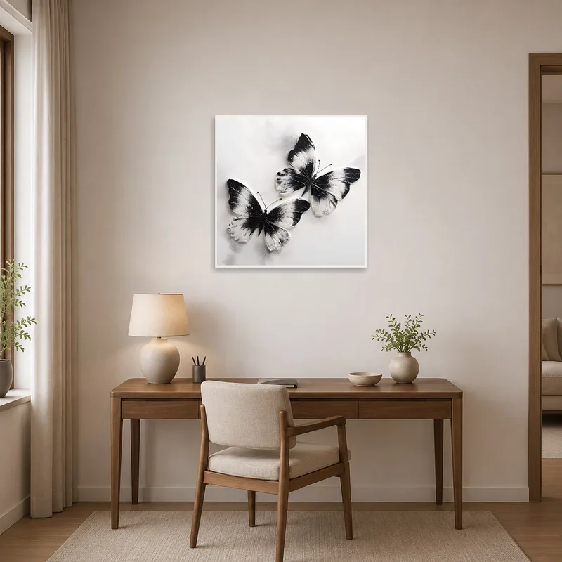 Stylish butterfly artwork lends sophistication to a productive home office wall.