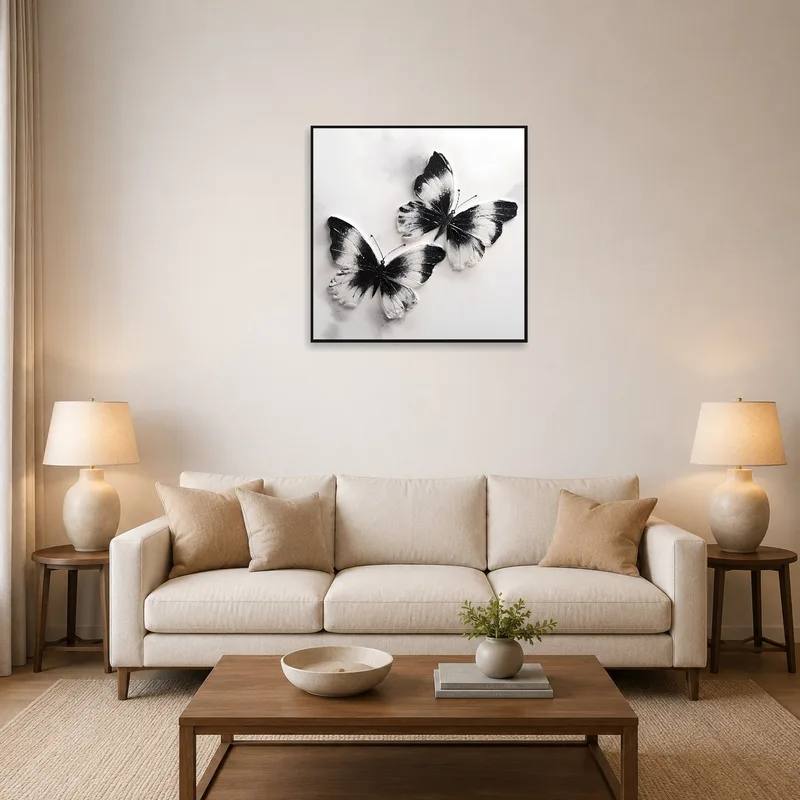 Black and white butterfly artwork above a modern sofa set in a spacious living room.