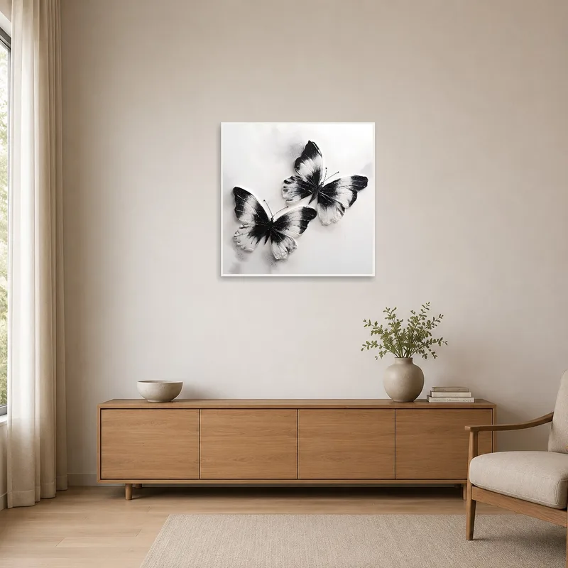 Simple butterfly duo art against a plain white wall in a minimalist space.