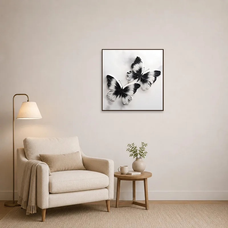 Butterflies add charm next to a cozy armchair piled with books in a reading nook.