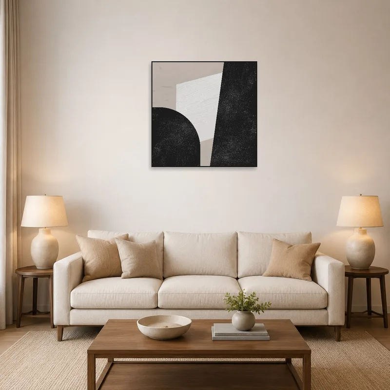 A monochrome geometric abstract art print adorns the living room wall above a modern sofa.