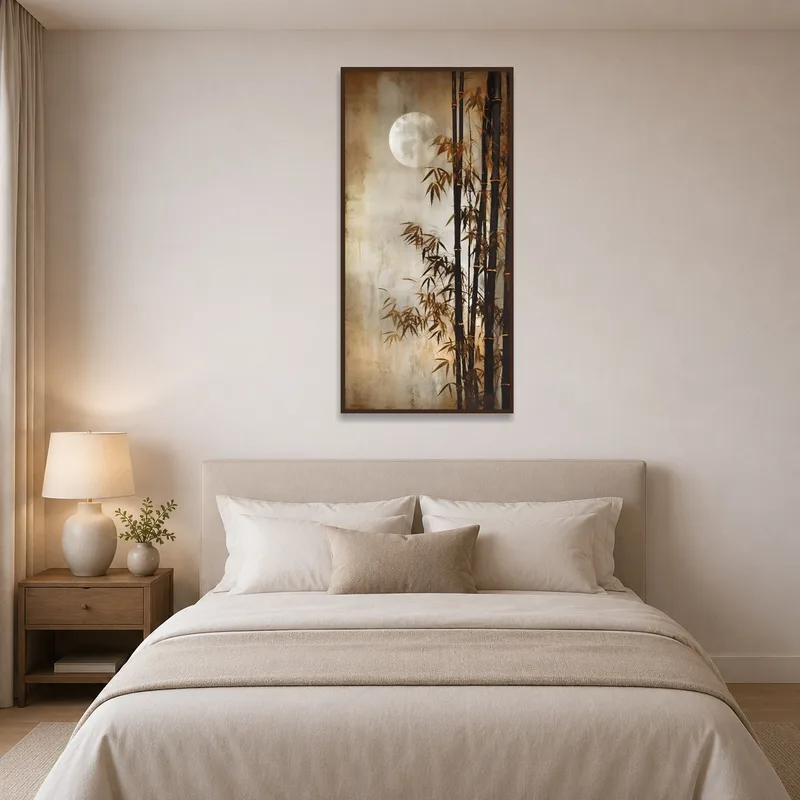 Moonlit bamboo forest art creating a serene vibe in a bedroom.