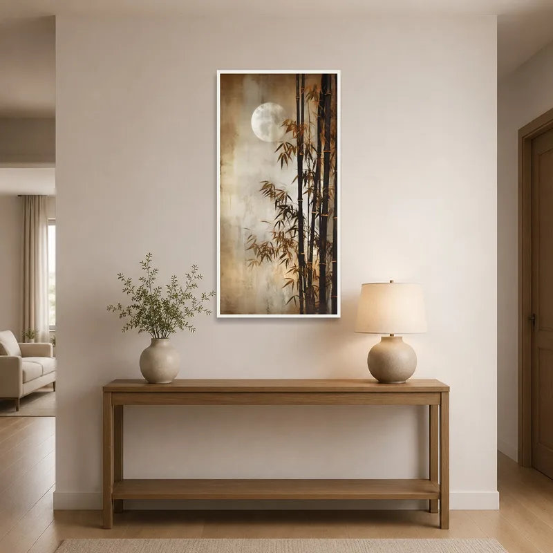Moonlit bamboo forest art welcoming guests in an entrance hall.