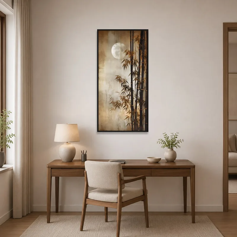 Moonlit bamboo forest art inspiring calm in a home office space.