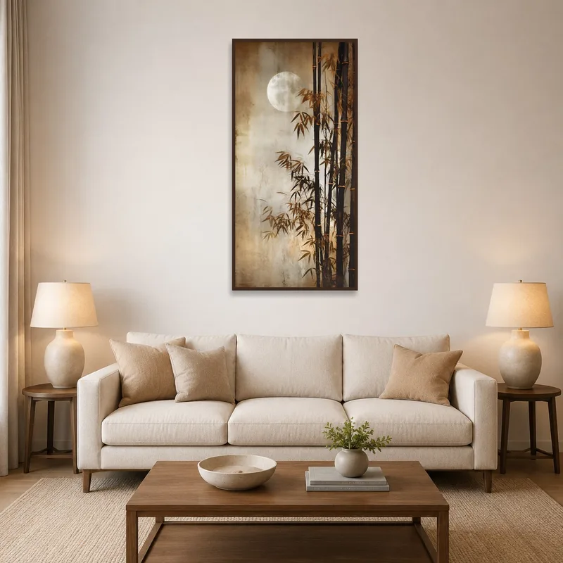 Moonlit bamboo forest art hanging in a cozy living room setting.