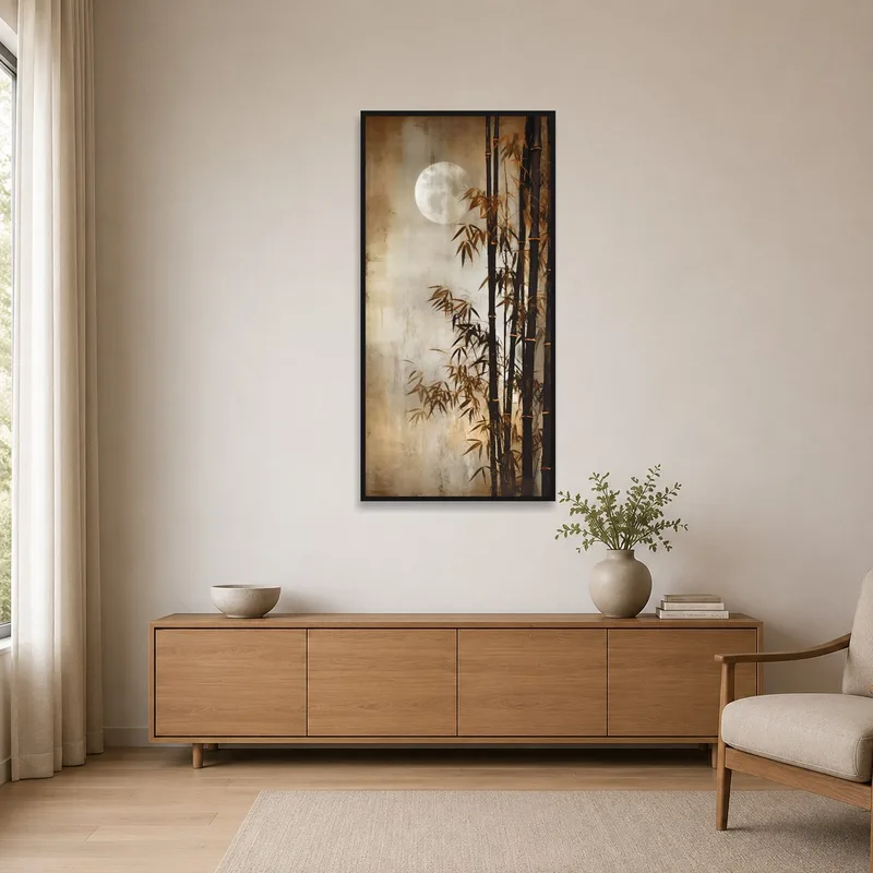 Moonlit bamboo forest art in a minimalist room with simple decor.