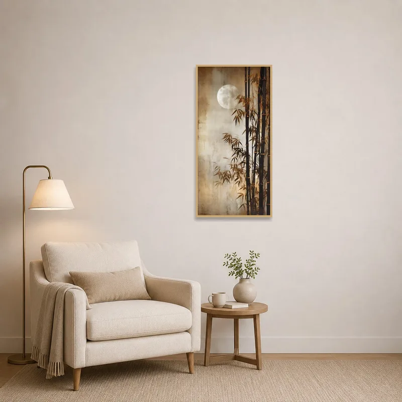 Moonlit bamboo forest art enhancing a peaceful reading corner.