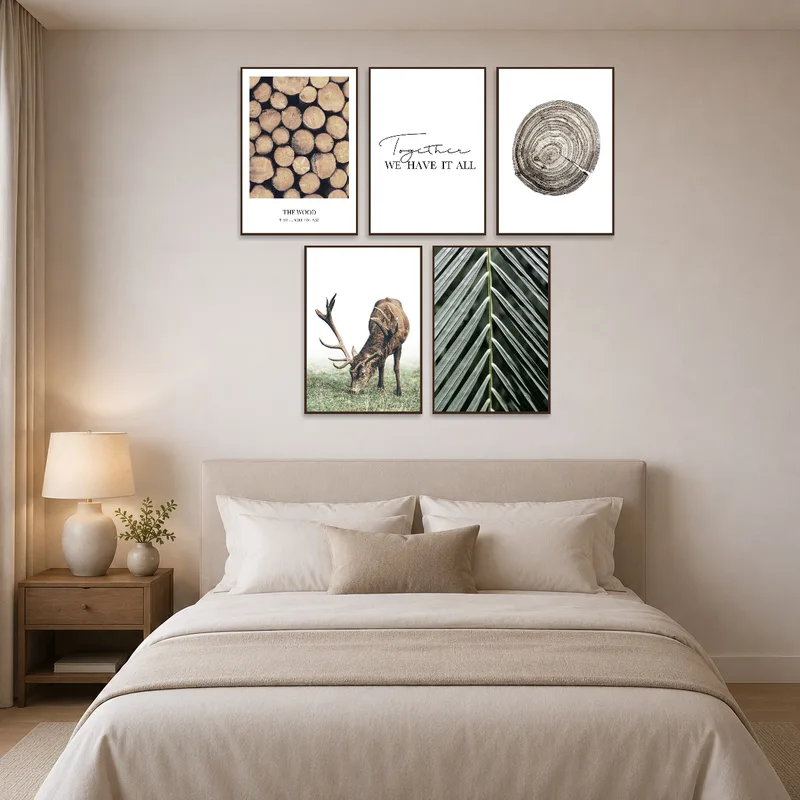 Calming wood and wildlife art set complements a serene bedroom.