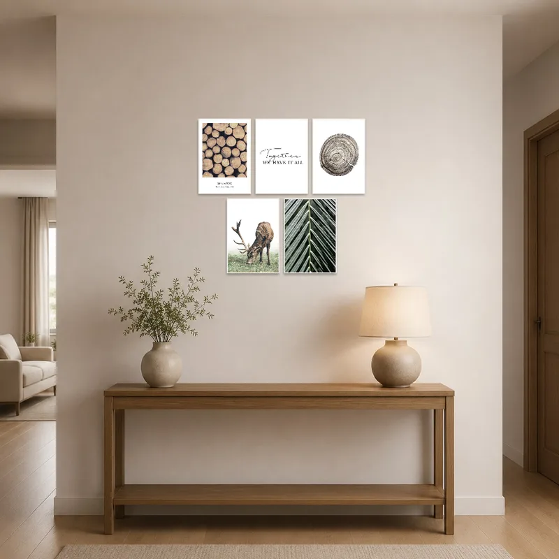 Nature art set welcoming guests in a bright entrance hall.
