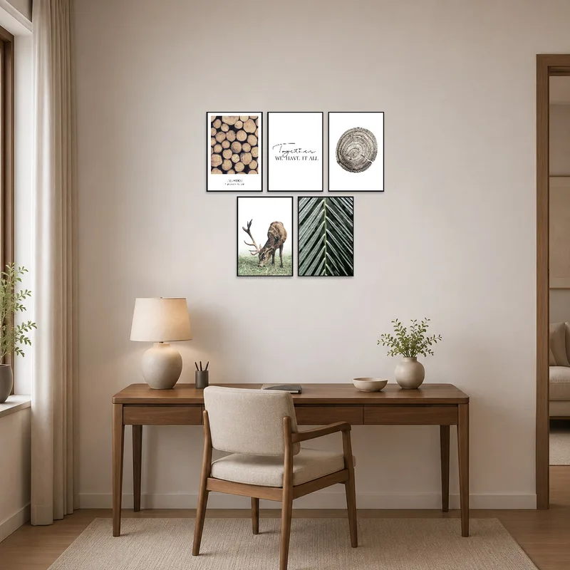 Nature-inspired art set adds warmth to a creative home office.