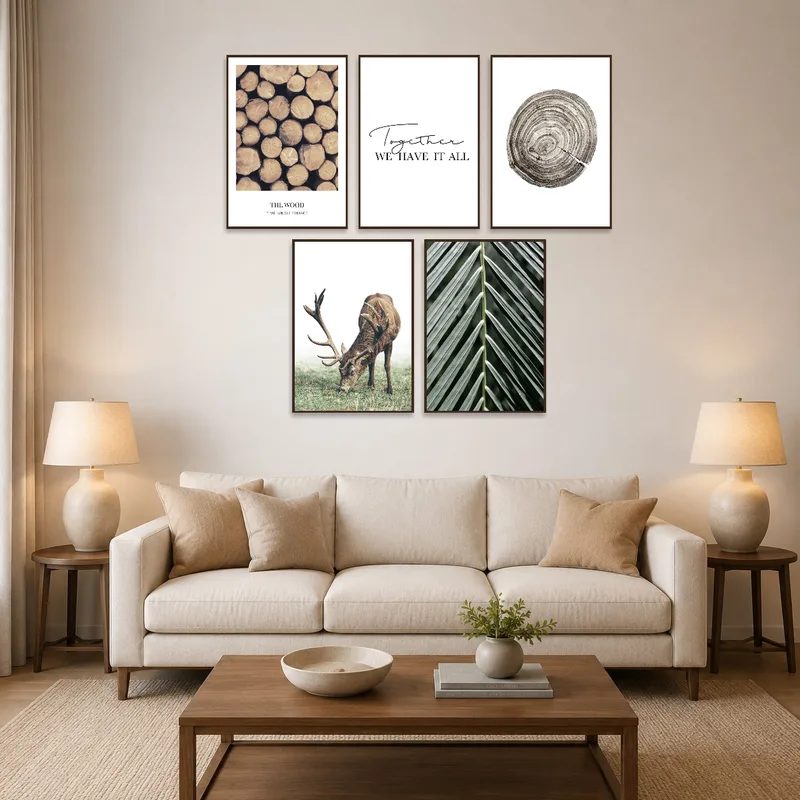 Wood and wildlife art set above a cozy living room sofa.