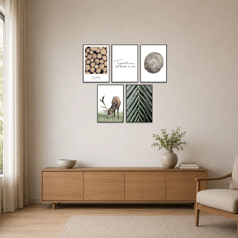 Art set with nature theme on a minimalist white wall.