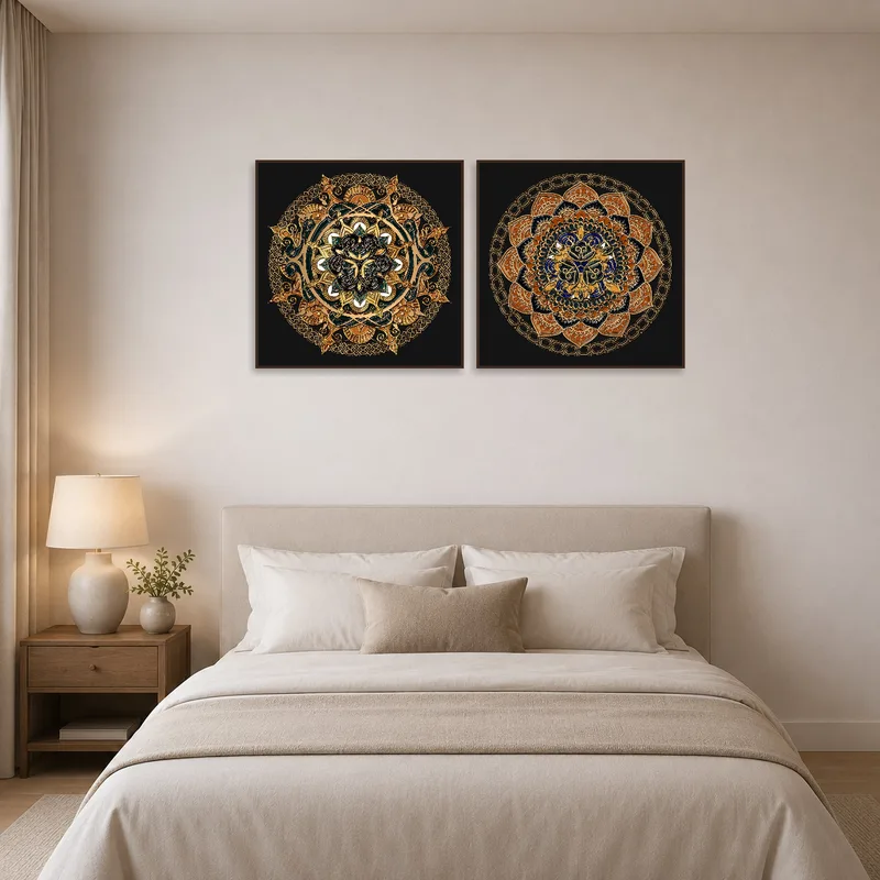 Bedroom wall adorned with a set of ornate mandalas in gold and blue.
