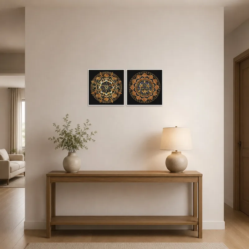 Entrance hall brightens up with a gold and blue detailed mandala set.