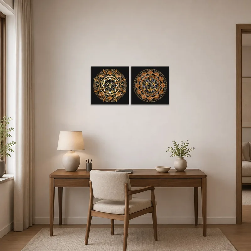 Home office atmosphere uplifted by an intricate mandala set in gold and blue.
