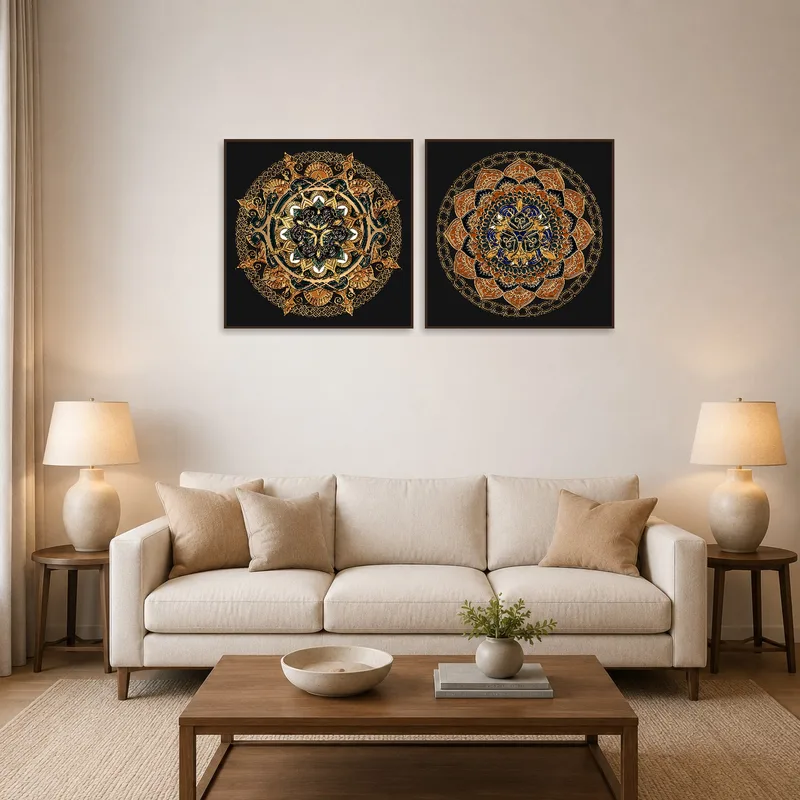 Ornate mandala set with gold and blue details enhances the living room's visual appeal.