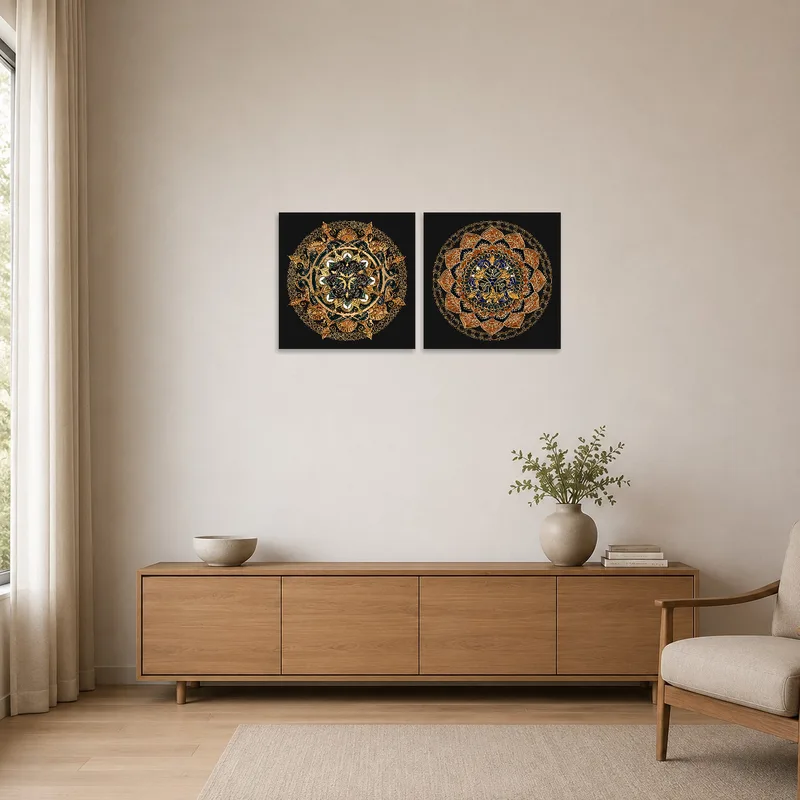 Minimalist room featuring a striking mandala set with intricate gold and blue details.