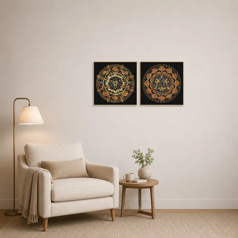 Reading corner enriched by an elegant mandala set in gold and blue tones.