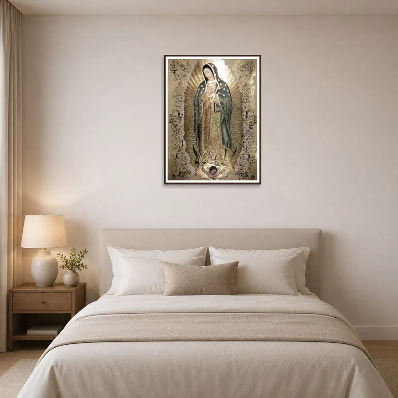 Bedroom showcasing Our Lady of Guadalupe print with shimmering gold accents.