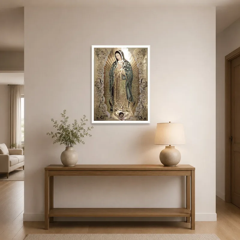 Entrance hall featuring an Our Lady of Guadalupe print with gold accents.