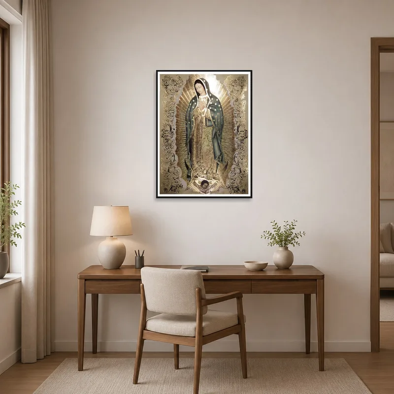 Home office displaying the Our Lady of Guadalupe print with gold embellishments.