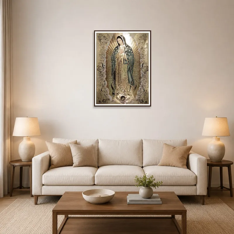 Print of Our Lady of Guadalupe with gold accents displayed in a cozy living room.