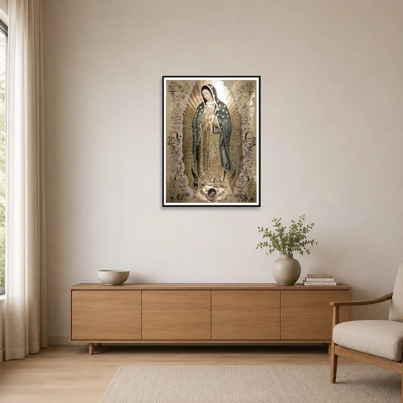 Our Lady of Guadalupe print with gold accents in a minimalist room setting.