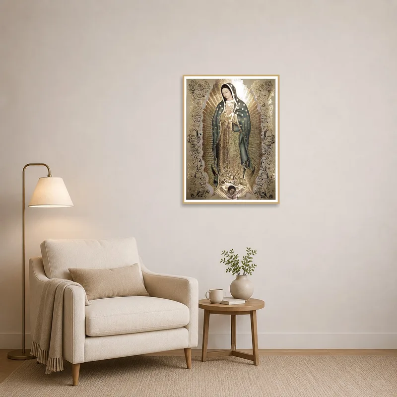 Reading corner adorned with an Our Lady of Guadalupe print with gold details.
