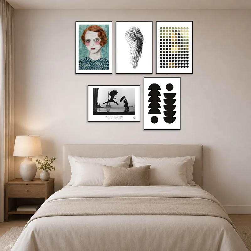 Elegant Parisian-themed art enhances the serene bedroom atmosphere.